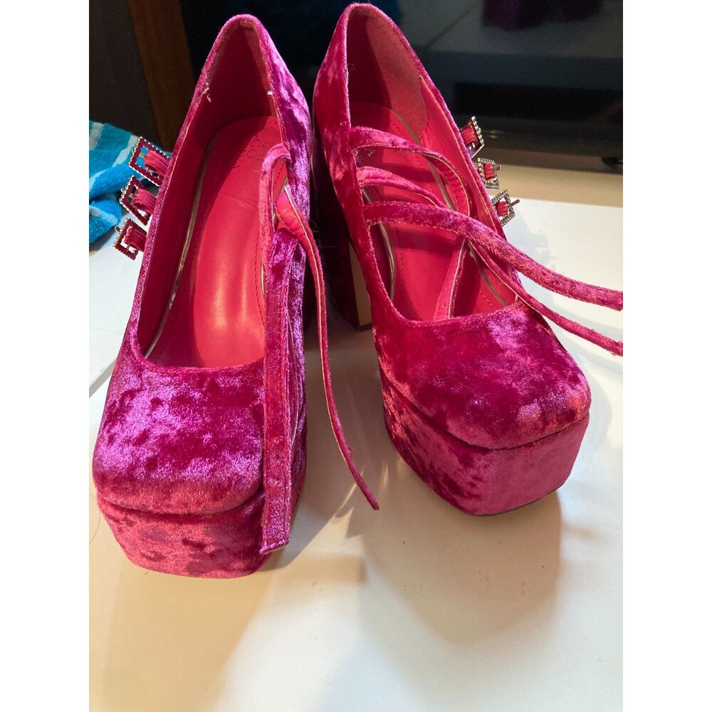 Lady Godiva  Womens High Chunky Heel Shoes Pink Suede Effect Buckles - size 7